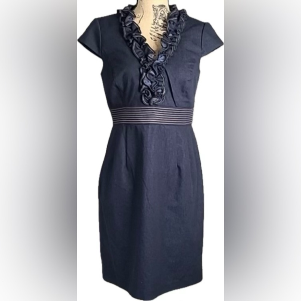 NWOT Sandra Darren dress, ruffled neckline, Size-12. Color-dark navy